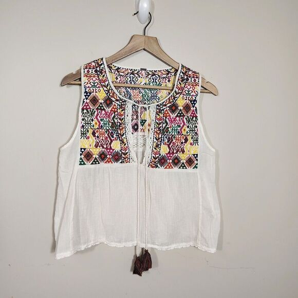 Free People Boho Embroidered Peasant Tank Top M Cream Festival Hippie Prairie - Picture 2 of 9